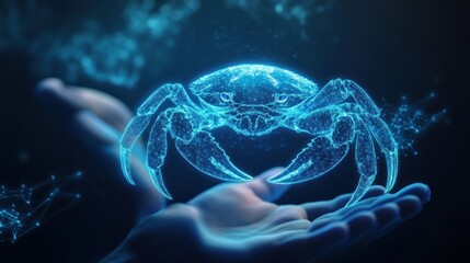 A hand holds a digital crab, glowing blue, polygonal design