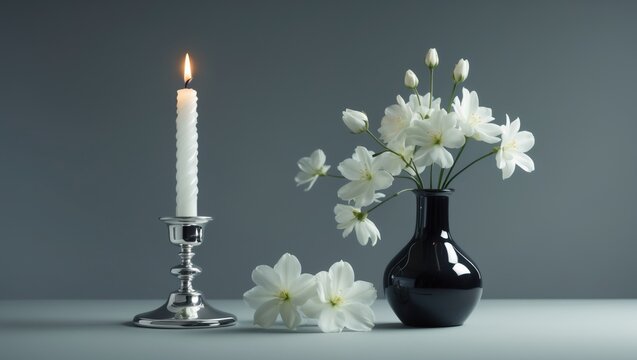 Burning candles with flower in vase during Evening night, Light and shadow on a gray neutral background. Minimalist still life.