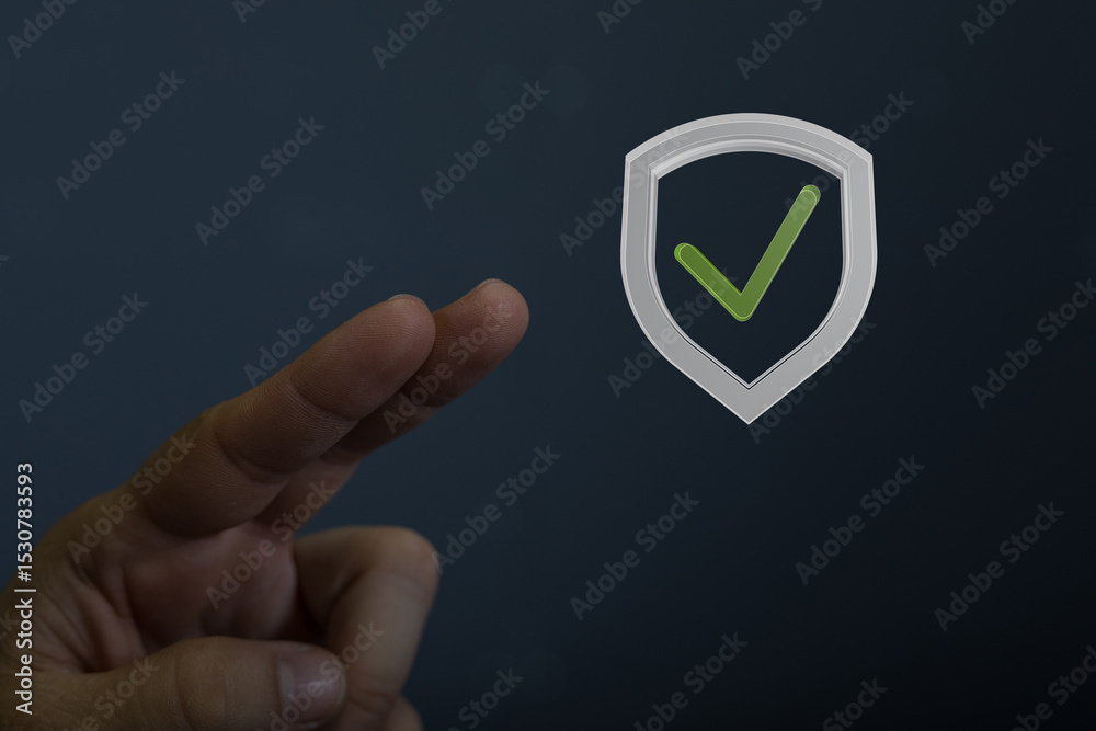 Aufkleber Hand pointing at a shield icon with a checkmark, symbolizing security and data protection.