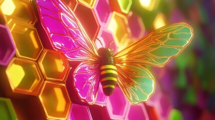 Vibrant bee on a colorful honeycomb background
