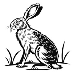 Detailed black and white hare sitting upright amidst sparse blades of grass is quite striking