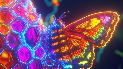 Vibrant butterfly with iridescent wings, close-up, surrounded by glowing geometric structures