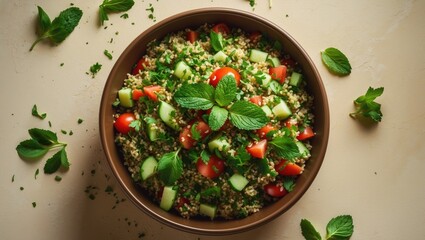 Bulgur tabbouleh salad featuring parsley, mint, cucumber, and tomato served in a round container on a beige background with space for text