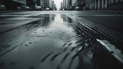 City streets late autumn, the empty street. Close-up view from pedestrian crossing level, image in toning.