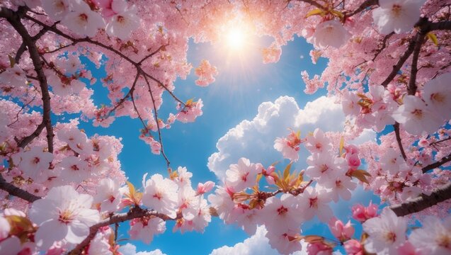 Bottom view of cherry blossoms and sunny sky. Image for stretch ceiling decor.