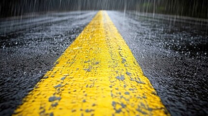 Wet asphalt road with yellow dividing line, rain drops