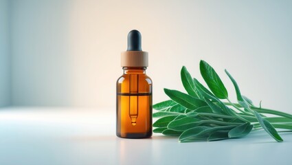 Bottle of essential oil and sage isolated on white background
