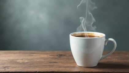 Steaming coffee in white mug on aged wood, grey backdrop , drinkware, clean, wooden