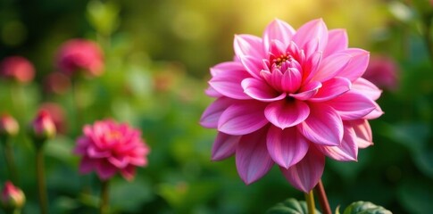 Vibrant pink dahlia blossoms in a lush garden , pink dahlia, wildlife, beautiful