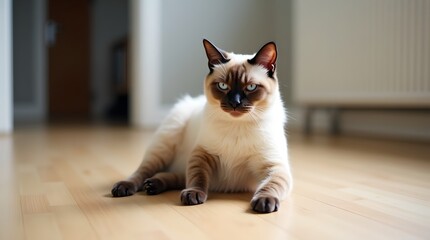 Siamese Cat Relaxing on Wooden Floor, Home Interior, Pet Photography, Sunlight, Serene, Elegant, Blue Eyes Vector Illustration
