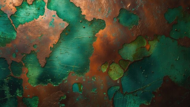 Close-up of tarnished copper sheet metal creating an abstract pattern.
