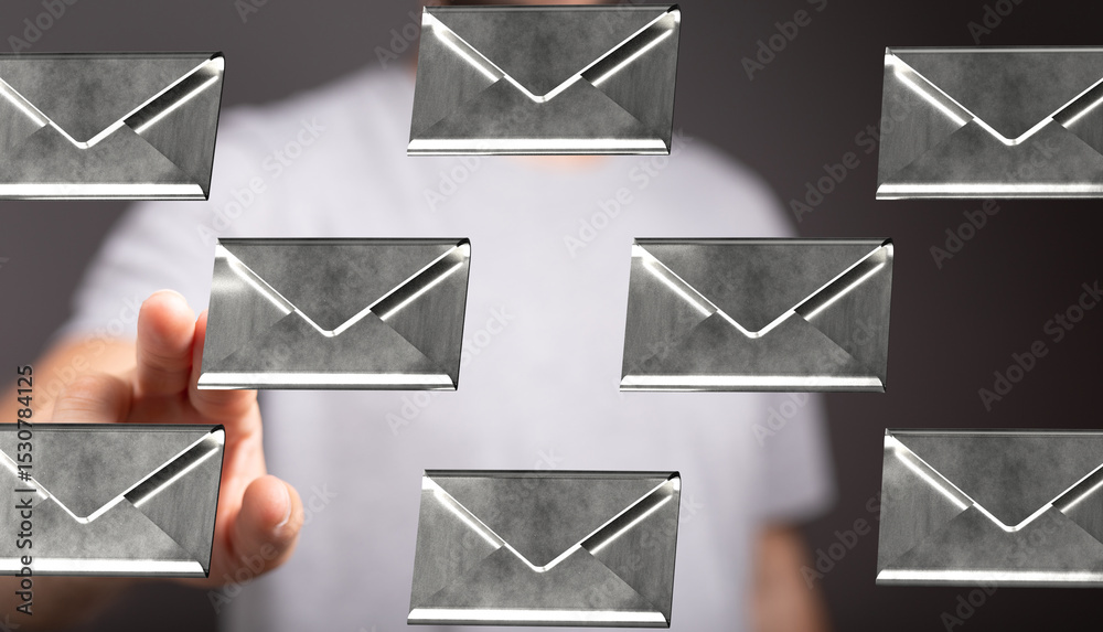 Poster A person interacts with multiple email envelopes, showcasing digital communication and inbox management.