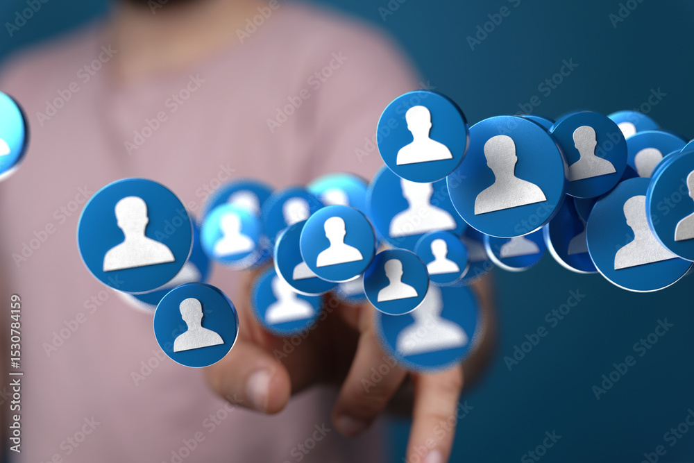 Poster hand interacting with floating profile icons, symbolizing networking, social media, and online commu