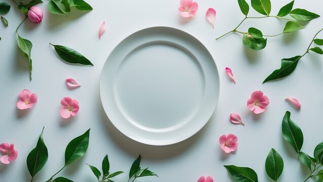 Blank white dish with flower and leaves isolated on white background, flat lay, overhead view, top view.