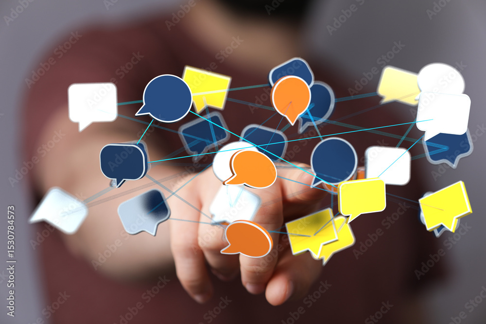 Poster Abstract image of interconnected speech bubbles, symbolizing global communication and networking.