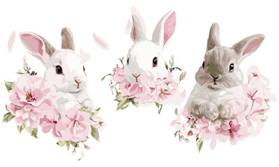 Floral bunny with pink flowers, Easter spring bunnies, fluffy cute bunnies, vector illustration, spring holiday, animal character, seasonal floral design, festive spring background.