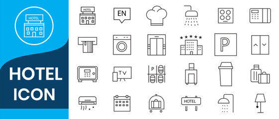 Hotel icons set. Rental property isolated icons. Set of apartment reservation, hotel booking, rent hostel room, airport shuttle, room area, flat rent, five-star hotel, service line vector web icon