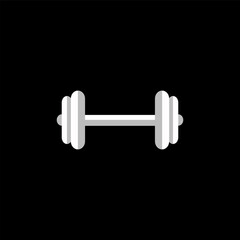 Flat white dumbbell icon with two weight plates on each side over black background, ideal for fitness logos, gym app icons, or modern sports illustrations