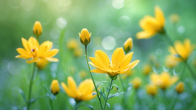 Close-up of yellow blooms of Golden Showers Thryallis thriving in a summer garden.