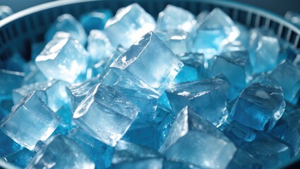 Blurred ice cubes in a bucket from a top view used as background.