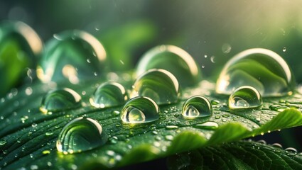 Close-up macro shot of dew water on green caladium leaves in the background.