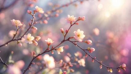 Springtime budding cherry tree, spring awakening branches isolated on light pink background, tree buds burst open during spring.