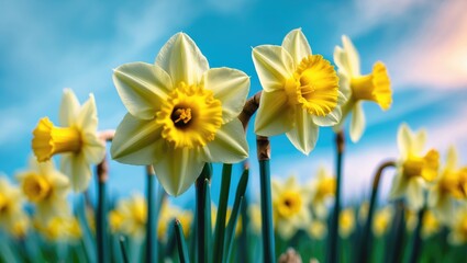 Fototapeta premium Closeup view of fresh daffodils in a row in a garden. The photo features a very short depth of field, emphasizing the nearest daffodil.
