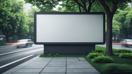 Fototapeta premium Blank Mockup Of Billboard Display On The Sidewalk. Outdoor Poster Advertising Amidst Green Trees