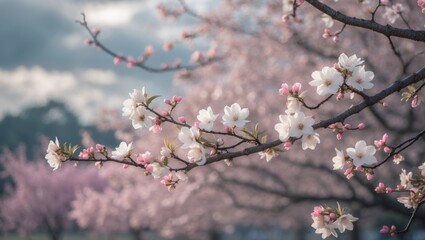 Obraz premium Spring plum blossom branch featuring pink flowers