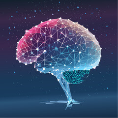 Futuristic AI neural network with abstract glowing brain structure, connected nodes and synapses, visualizing deep learning in a dark neon-lit environment-generative AI