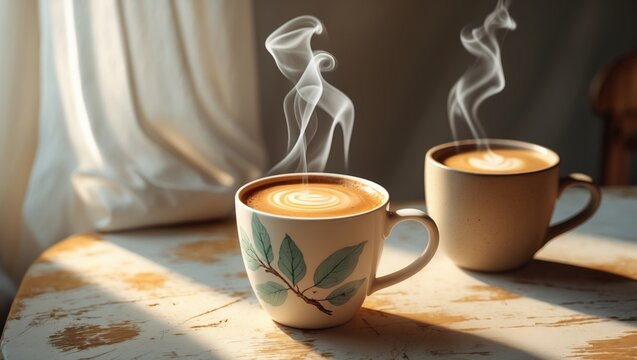 Close-up of hot coffee in the morning on a wooden table. Two ceramic coffee mugs with steam on the table. Hot Coffee Drink Concept