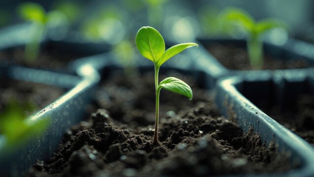 Close-up of a fragile seedling emerging from donker, fertile soil, representing new life and growth