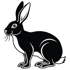 Black hare rests calmly, highlighted against white with long ears and whiskers
