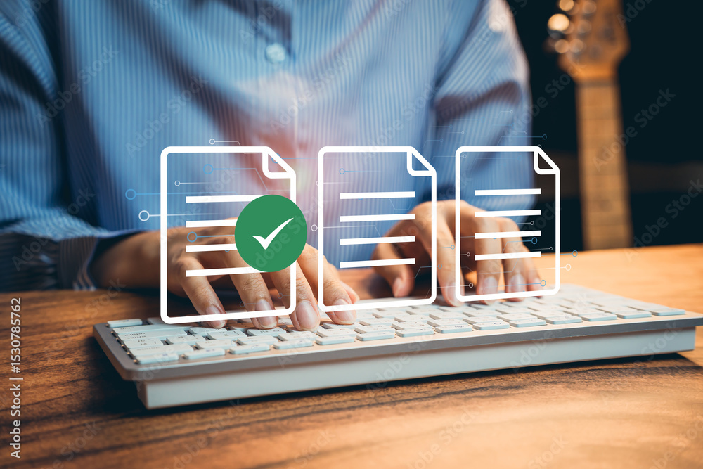 Poster check list business. informative workflow efficiency with modern technology and data management in d
