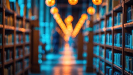 Blurred Image of a dimly lit aisle featuring wooden bookshelves filled with numerous books.