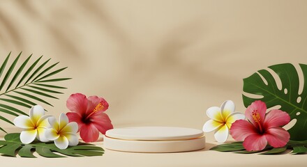 Summer tropical display elegant product presentation with hibiscus and plumeria flowers. Ideal for beauty branding, packaging design