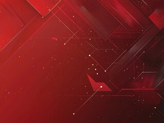 Abstract red background with diagonal lines, geometric shapes, and subtle glowing particles, creating a dynamic and technological feel