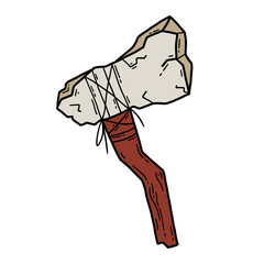 Vector linear hand drawn icon of a primitive stone axe with wooden handle in doodle style.