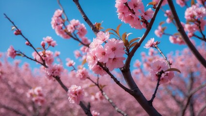 Close up of pink blossom flowers on peach tree set against a blue sky.