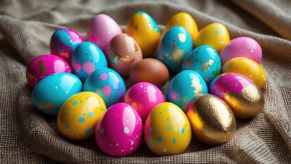 Colorfully decorated Easter eggs in a variety of hues are arranged in a circle on textured fabric, displaying creativity and festive spirit.