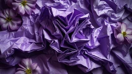 A collection of ruffled papers used as an abstract background with flower petals in a dark vignette, showcasing the texture of crumpled and crunched paper with ruffled texture.