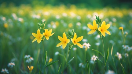 Obraz premium Closeup of a heap of wild yellow tulip flowers in spring forest, a beautiful seasonal background