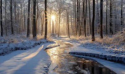 serene winter forest with a frozen stream winding through and sunlight sparkling on the frost-covered branches, Generative AI
