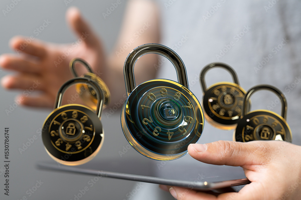 Poster Secure your data!  Image depicts multiple combination locks hovering over a tablet, symbolizing online security and data protection.