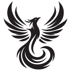 Obraz premium Bold Phoenix Silhouette Vector,Flat phoenix icon bold mythical bird vector in black silhouette style,Minimalist phoenix silhouette vector – simple and stylish mythical bird illustration for logos.