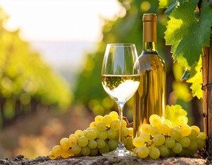 白ワイン　ワイングラス　ブドウ農園　　