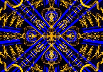 Vidriera en azul y amarillo eléctrico. Composición de luces azul y amarillo mostaza sobre fondo negro