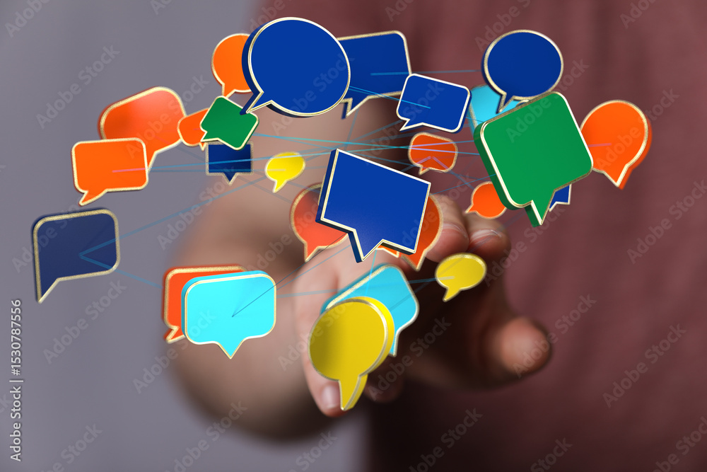 Aufkleber Abstract image of interconnected speech bubbles, representing global communication and networking.