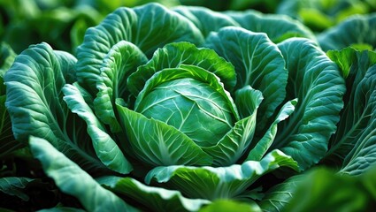Obraz premium Close-up of green cabbage growing in a garden. Harvesting vegetables. Food.