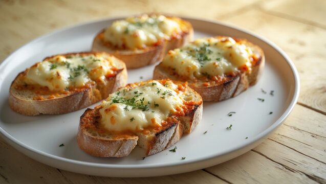 Chees garlic toast or garlic toast with chees spread presented on a plate against a wooden background. Selective focus.